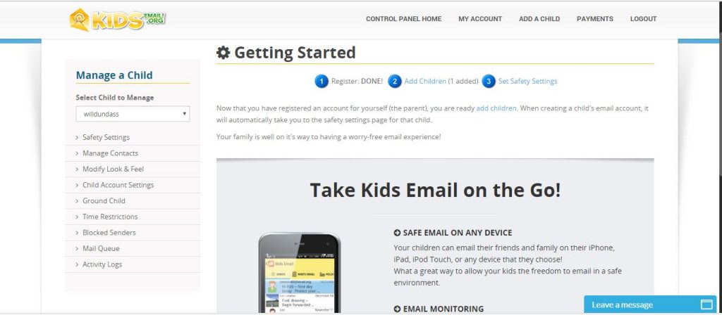 A screenshot of the parent control panel for Kids Email